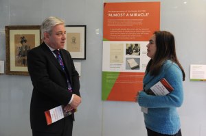 The Speaker discusses the importance of women's suffrage with Mari Takayanagi, Vote 100 Exhibition joint project manager. © UK Parliament/Jessica Taylor