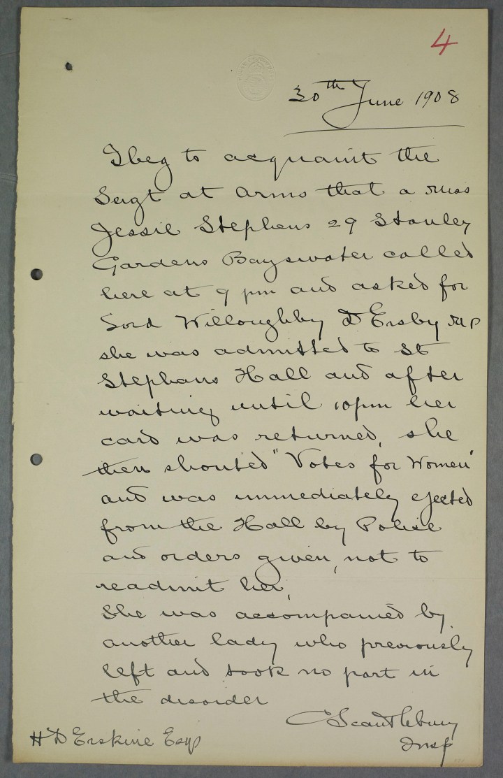 Jessie Stephen police report. Parliamentary Archives, HC/SA/SJ/10/12/4