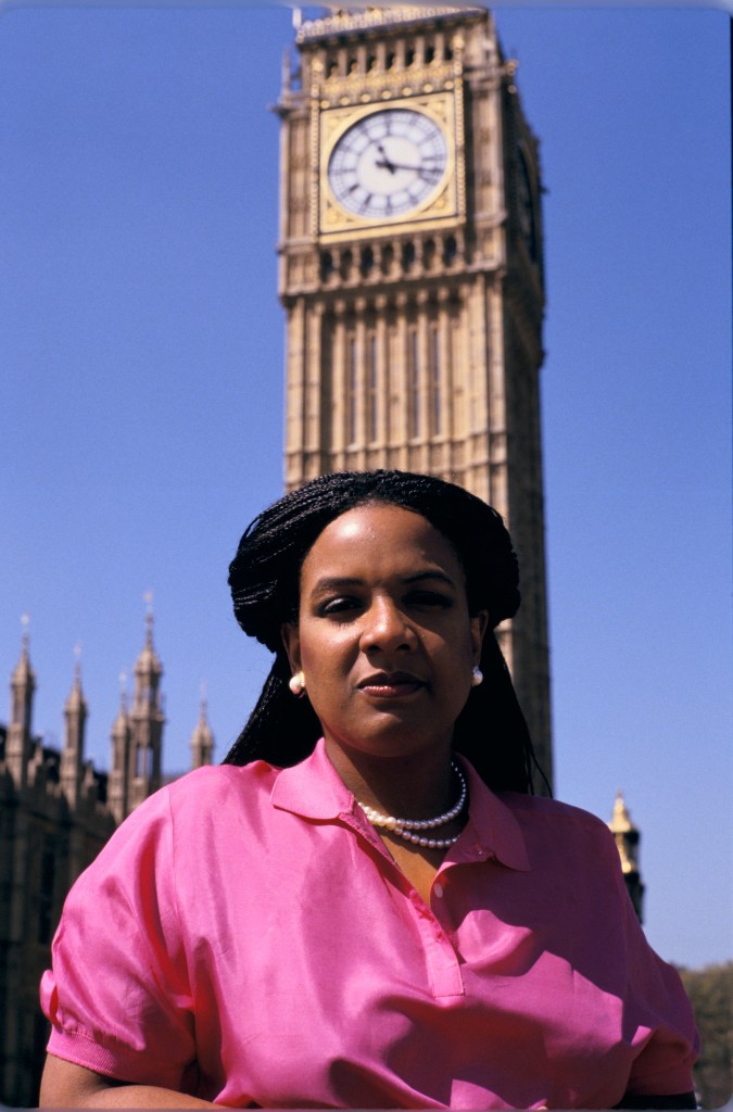 Diane Abbott in front of Big Ben, 1987.