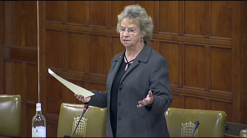 Alice Mahon wearing a dark grey jacket standing with wood-panelled background and green chairs
